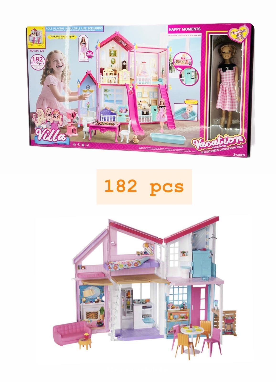 Deluxe Dollhouse with Doll and Accessories, 182 Pieces