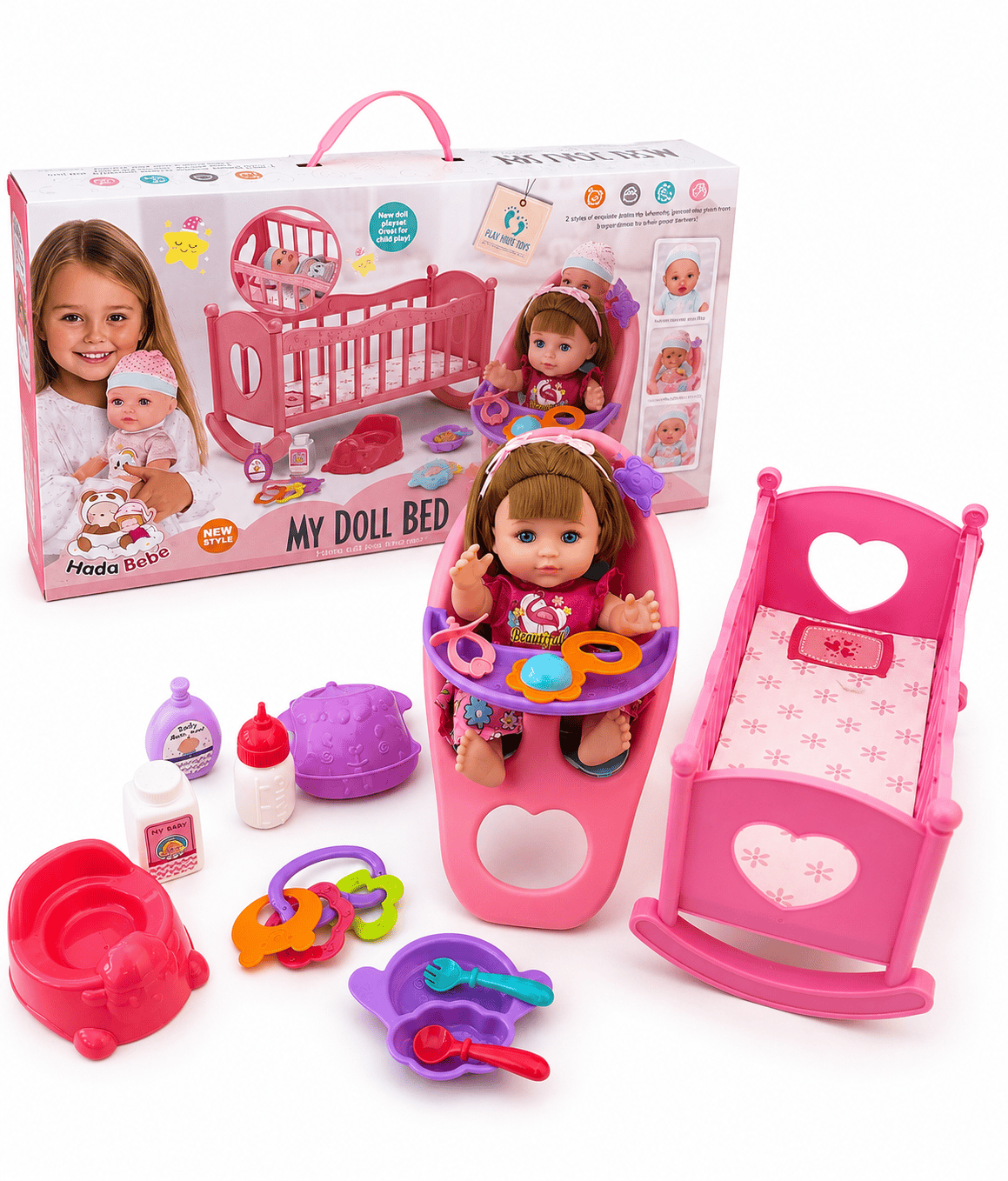 Kids Doll Set with Cot and Care Accessories