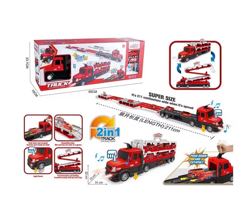 משאית הובלת מכוניות 2 ב-1 עם מכוניות ותמרורים