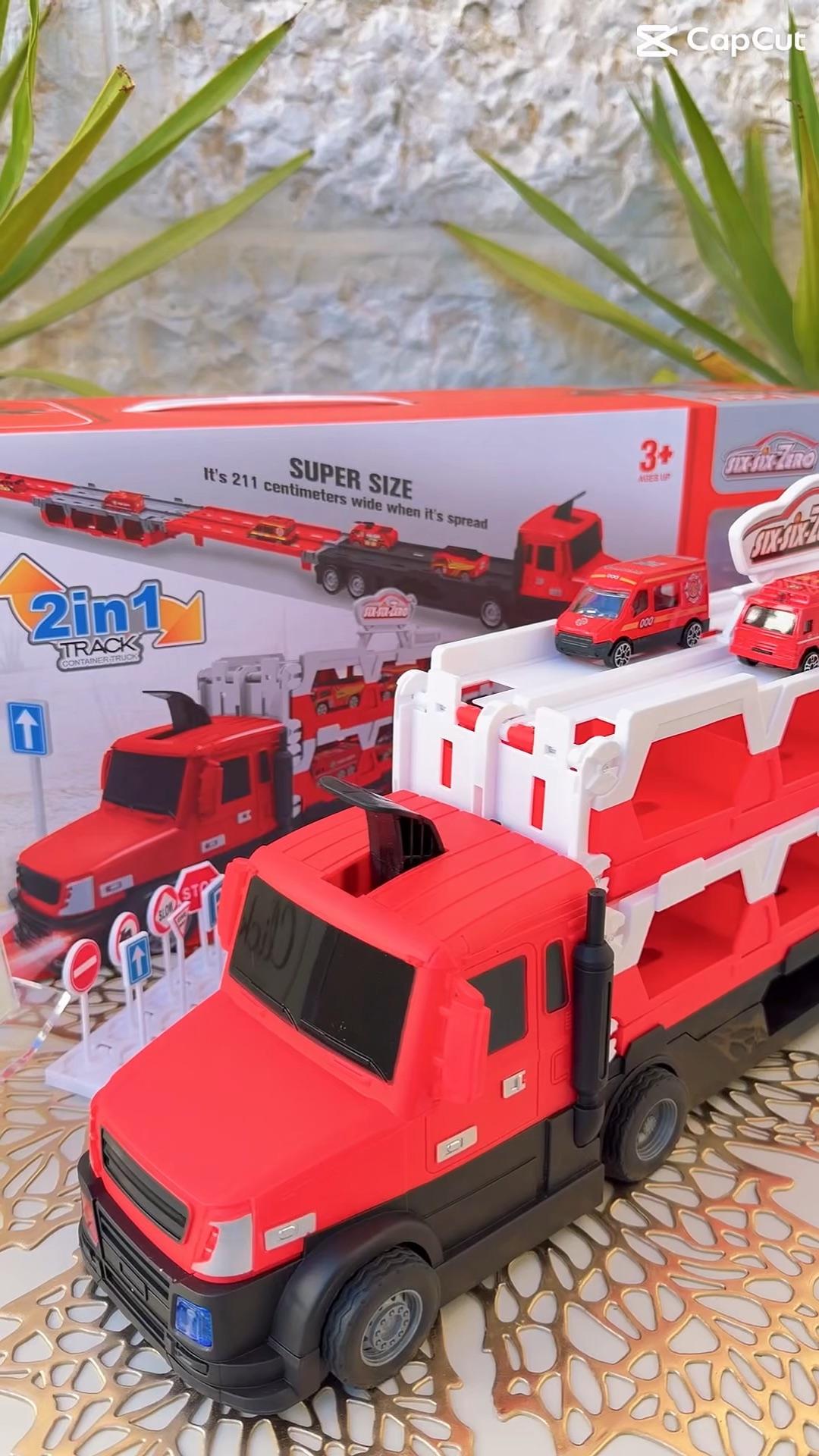 משאית הובלת מכוניות 2 ב-1 עם מכוניות ותמרורים סרטון 7