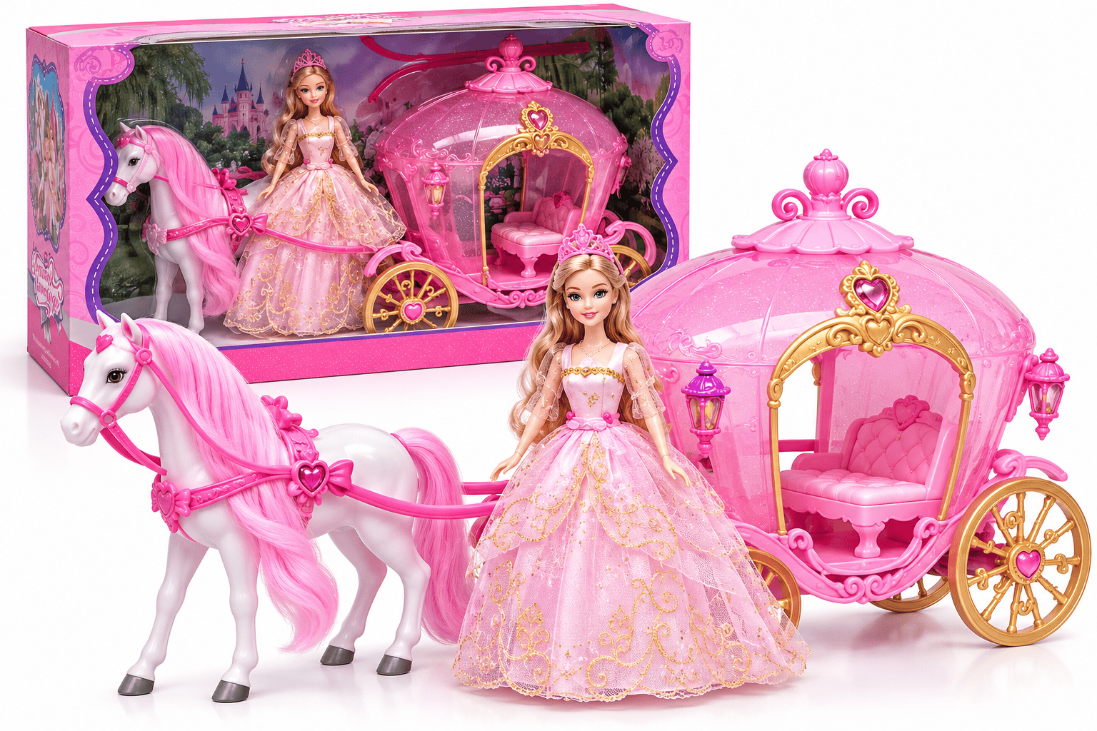 Royal Princess Carriage with Doll & Pink Horse 👑